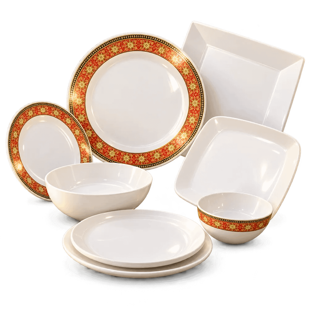 Tableware composition inspired by SunMelamine's ornate Versace Al-Fatah and white Thai Square and Cafe plate collections